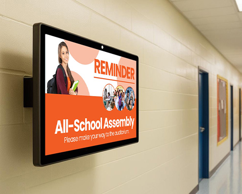 Traditional hallway signage sharing content around a school assembly.